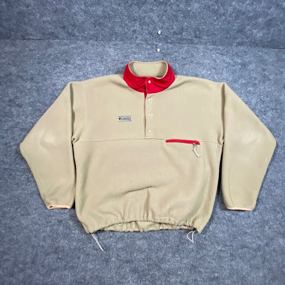 Vintage Columbia Fleece Pullover Mens Large Tan Red Made in USA XM3700 Mock Neck